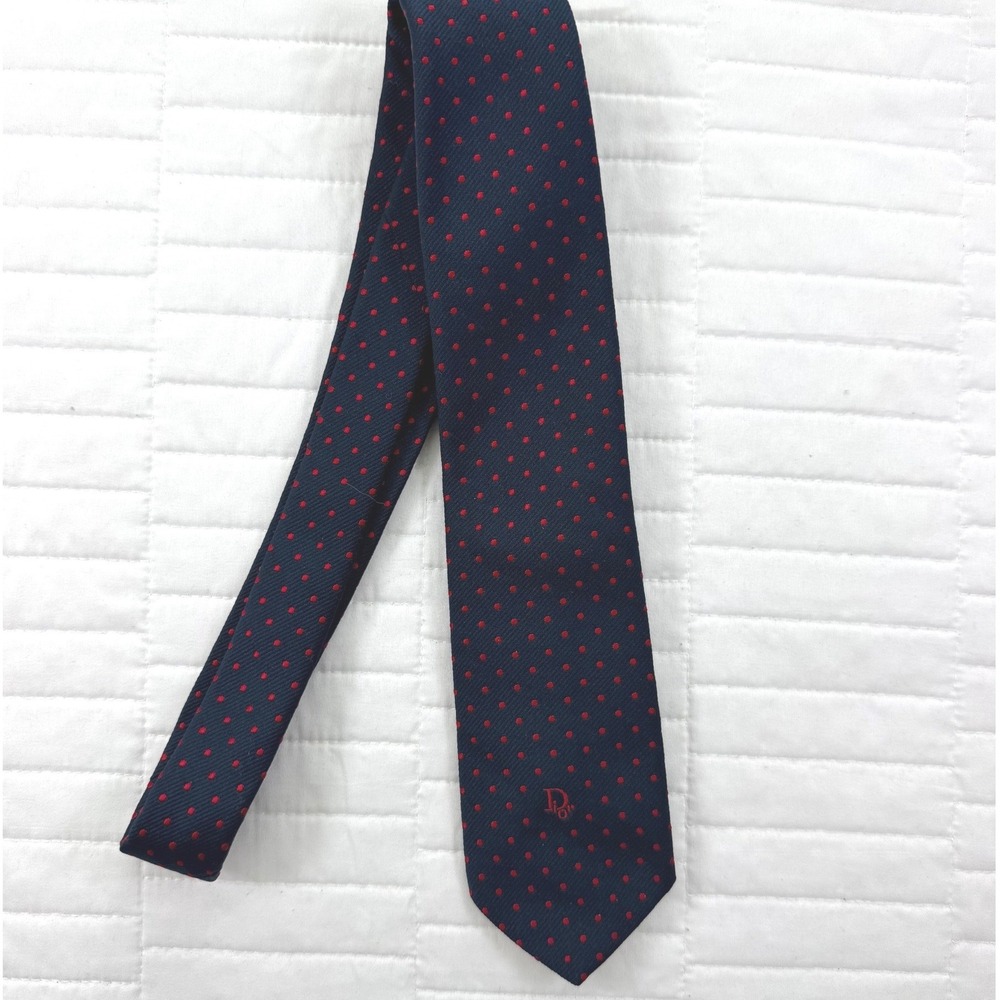 Vintage 90s Christian Dior Silk Blend Polka Dot Navy Red Tie Men Old Money